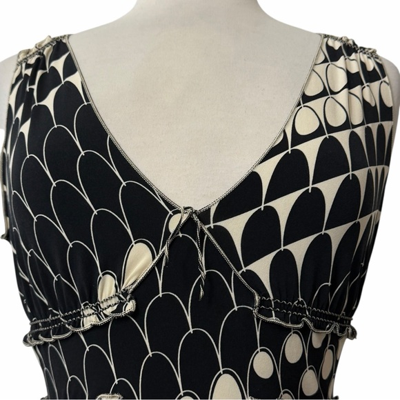 VTG Art Deco Scallop Print Smocked Empire Waist Babydoll Sleeveless Top Small - Picture 3 of 10